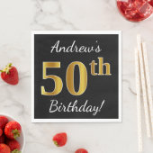 Serviette En Papier Noir, Faux Gold 50e anniversaire + Nom personnalis (En situation)