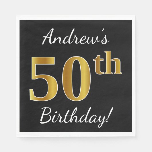 Serviette En Papier Noir, Faux Gold 50e anniversaire + Nom personnalis (Devant)