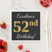 Serviette En Papier Noir, Faux Gold 52e anniversaire + Nom personnalis (En situation)