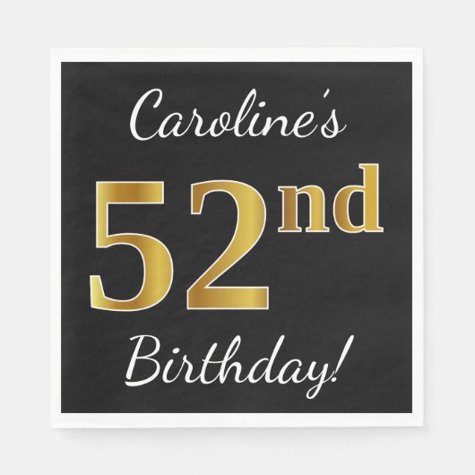 Serviette En Papier Noir, Faux Gold 52e anniversaire + Nom personnalis (Devant)