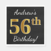 Serviette En Papier Noir, Faux Gold 56e anniversaire + Nom personnalis (Devant)