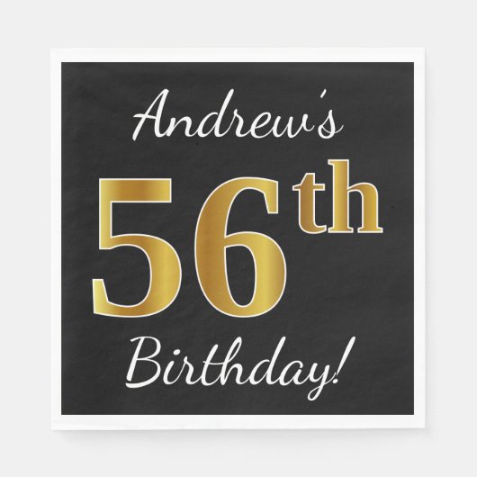 Serviette En Papier Noir, Faux Gold 56e anniversaire + Nom personnalis (Devant)