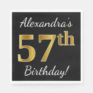 Serviette En Papier Noir, Faux Gold 57e anniversaire + Nom personnalis