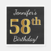 Serviette En Papier Noir, Faux Gold 58e anniversaire + Nom personnalis (Devant)