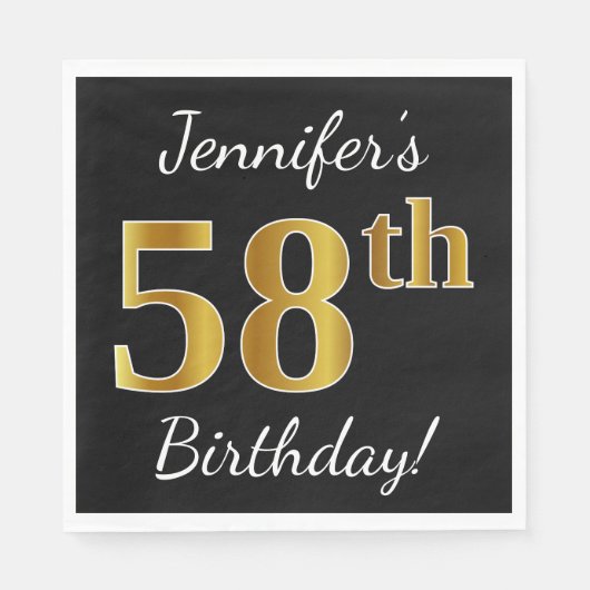 Serviette En Papier Noir, Faux Gold 58e anniversaire + Nom personnalis (Devant)