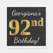 Serviette En Papier Noir, Faux Gold 92e anniversaire + Nom personnalis (Devant)