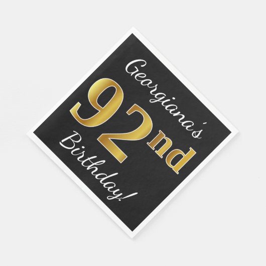 Serviette En Papier Noir, Faux Gold 92e anniversaire + Nom personnalis (Coin)