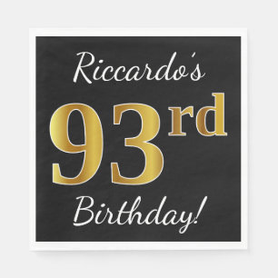 Serviette En Papier Noir, Faux Gold 93ème anniversaire + Nom personnal
