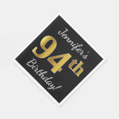 Serviette En Papier Noir, Faux Gold 94e anniversaire + Nom personnalis (Coin)