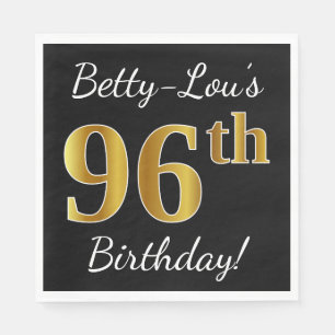 Serviette En Papier Noir, Faux Gold 96e anniversaire + Nom personnalis