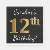 Serviette En Papier Noir, Faux Or 12e anniversaire + Nom personnalisé (Devant)