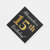 Serviette En Papier Noir, Faux Or 15e anniversaire + Nom personnalisé (Coin)