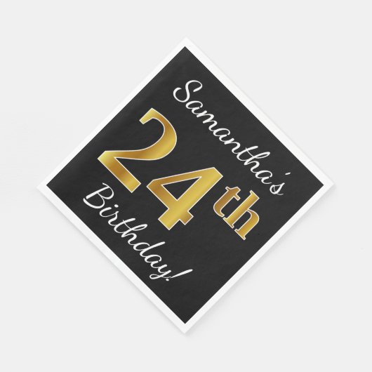 Serviette En Papier Noir, Faux Or 24e anniversaire + Nom personnalisé (Coin)