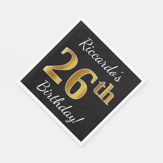 Serviette En Papier Noir, Faux Or 26e anniversaire + Nom personnalisé (Coin)