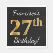 Serviette En Papier Noir, Faux Or 27e anniversaire + Nom personnalisé (Devant)