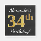 Serviette En Papier Noir, Faux Or 34e anniversaire + Nom personnalisé (Devant)