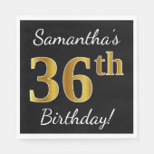 Serviette En Papier Noir, Faux Or 36e anniversaire + Nom personnalisé (Devant)