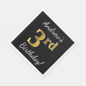 Serviette En Papier Noir, Faux Or 3ème anniversaire + Nom personnalisé (Coin)