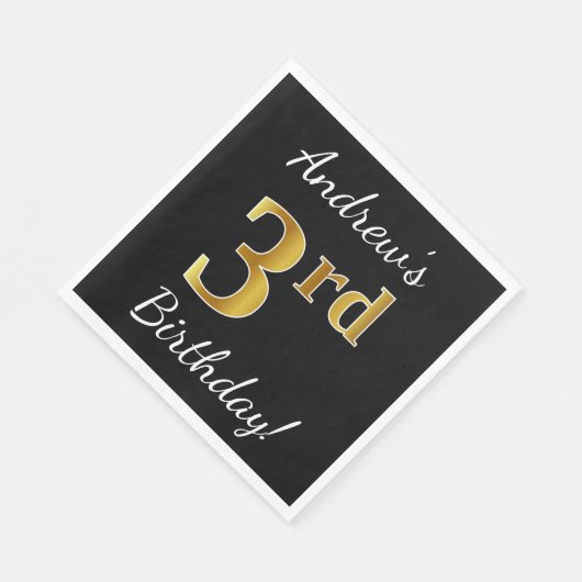 Serviette En Papier Noir, Faux Or 3ème anniversaire + Nom personnalisé (Coin)