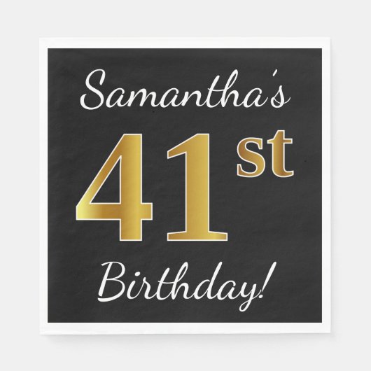 Serviette En Papier Noir, Faux Or 41ème Anniversaire + Nom personnalis (Devant)
