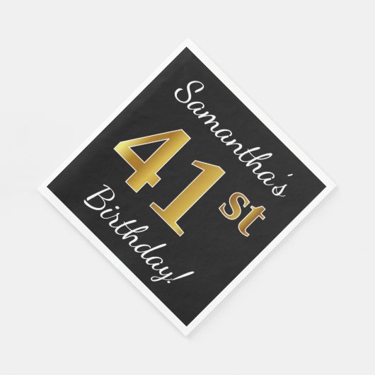 Serviette En Papier Noir, Faux Or 41ème Anniversaire + Nom personnalis (Coin)