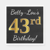 Serviette En Papier Noir, Faux Or 43ème anniversaire + Nom personnalis (Devant)