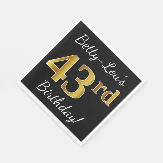 Serviette En Papier Noir, Faux Or 43ème anniversaire + Nom personnalis (Coin)