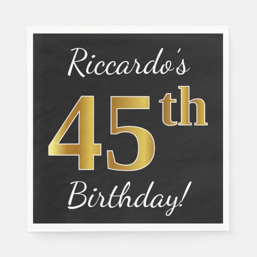 Serviette En Papier Noir, Faux Or 45ème anniversaire + Nom personnalis (Devant)