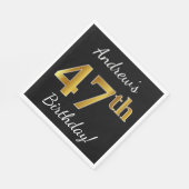 Serviette En Papier Noir, Faux Or 47ème Anniversaire + Nom personnalis (Coin)