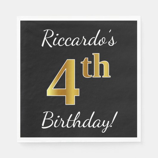 Serviette En Papier Noir, Faux Or 4ème anniversaire + Nom personnalisé (Devant)