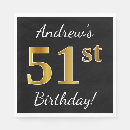 Serviette En Papier Noir, Faux Or 51ème Anniversaire + Nom personnalis (Devant)