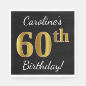 Serviette En Papier Noir, Faux Or 60e anniversaire + Nom personnalisé (Devant)