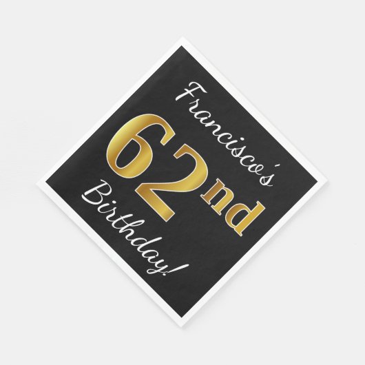 Serviette En Papier Noir, Faux Or 62e anniversaire + Nom personnalisé (Coin)