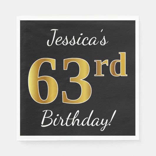 Serviette En Papier Noir, Faux Or 63ème anniversaire + Nom personnalis (Devant)