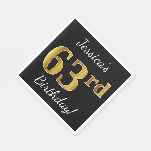 Serviette En Papier Noir, Faux Or 63ème anniversaire + Nom personnalis (Coin)