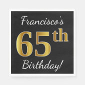 Serviette En Papier Noir, Faux Or 65e anniversaire + Nom personnalisé (Devant)