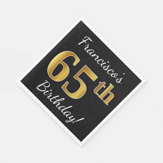 Serviette En Papier Noir, Faux Or 65e anniversaire + Nom personnalisé (Coin)