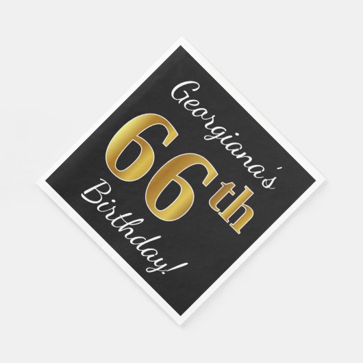 Serviette En Papier Noir, Faux Or 66e anniversaire + Nom personnalisé (Coin)