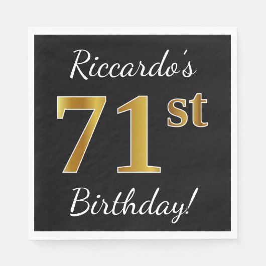 Serviette En Papier Noir, Faux Or 71e anniversaire + Nom personnalisé (Devant)