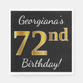 Serviette En Papier Noir, Faux Or 72e anniversaire + Nom personnalisé (Devant)