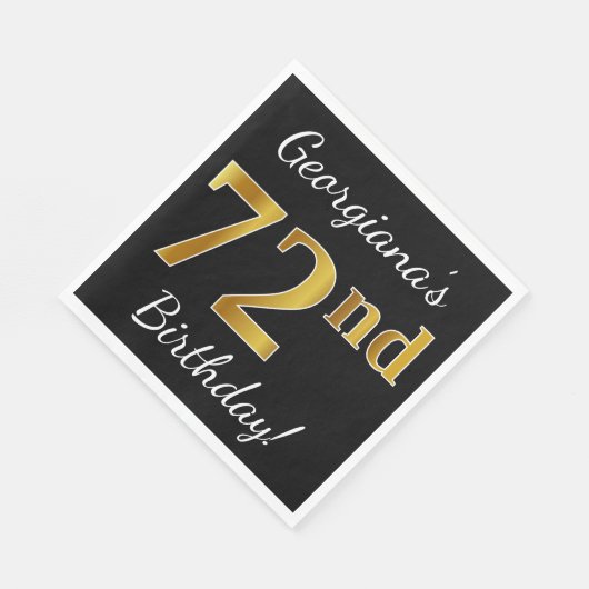 Serviette En Papier Noir, Faux Or 72e anniversaire + Nom personnalisé (Coin)