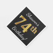 Serviette En Papier Noir, Faux Or 74e anniversaire + Nom personnalisé (Coin)