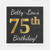 Serviette En Papier Noir, Faux Or 75e anniversaire + Nom personnalisé (Devant)