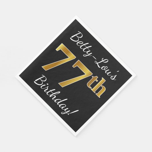 Serviette En Papier Noir, Faux Or 77e anniversaire + Nom personnalisé (Coin)