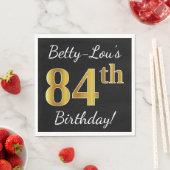 Serviette En Papier Noir, Faux Or 84e anniversaire + Nom personnalisé (En situation)