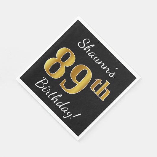 Serviette En Papier Noir, Faux Or 89e anniversaire + Nom personnalisé (Coin)
