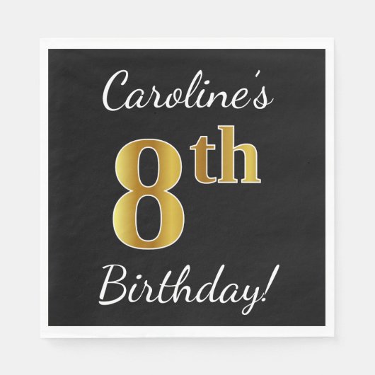 Serviette En Papier Noir, Faux Or 8ème anniversaire + Nom personnalisé (Devant)