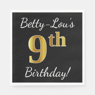 Serviette En Papier Noir, Faux Or 9e anniversaire + Nom personnalisé