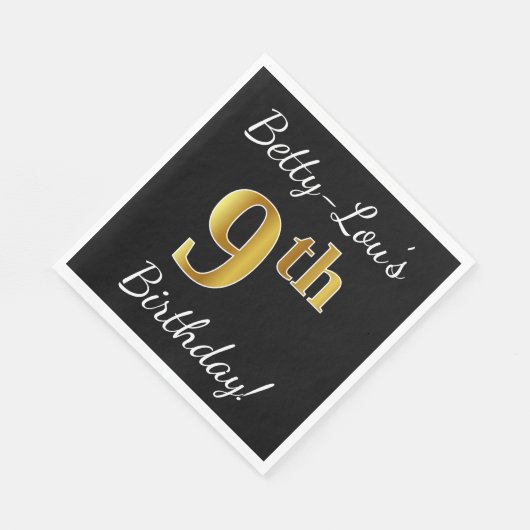 Serviette En Papier Noir, Faux Or 9e anniversaire + Nom personnalisé (Coin)