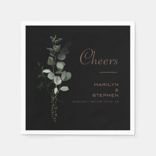 Serviette En Papier Noir Formal Minimal Eucalyptus Mariage (Devant)